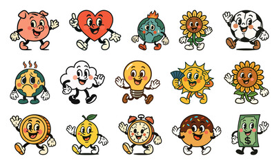 Obraz premium PNG Colorful vintage cartoon characters, element set on transparent background