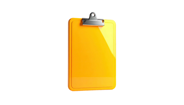 Bright orange clipboard with a shiny surface and a clip on a black backdrop - Powered by Adobe