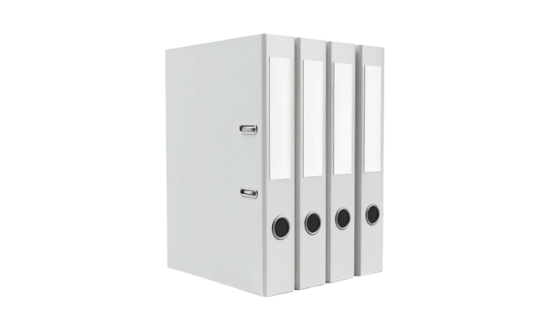 Three white ring binders stand upright against a black background