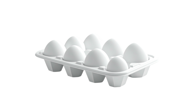 Nine fresh, white eggs nestled in a light grey, molded pulp carton against black