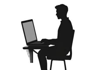 Black silhouette of a person working on laptop, transparent background 