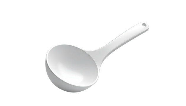 A clean, white ladle with a rounded bowl and handle, isolated on black