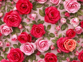 Fototapeta premium A beautiful seamless pattern featu vibrant red and pink roses scattered amongst green leaves on a light pink background creating an elegant floral design.