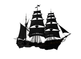 Black silhouette of a ship, ocean scene, transparent background
