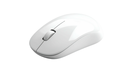 A glossy, white, wireless mouse with scroll wheel on a black background