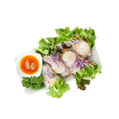 Fresh Shrimp Spring Rolls with Vegetables and Dipping Sauce Isolated on White with Clipping Path