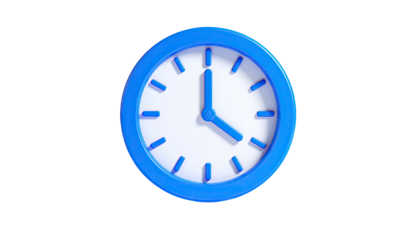 Blue-rimmed clock with white face and blue hands against a black background
