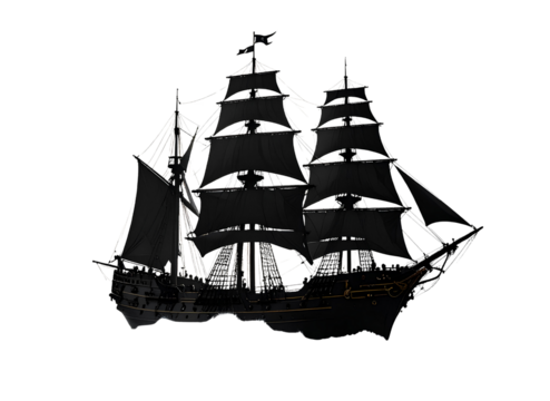 Black silhouette of a ship, ocean scene, transparent background