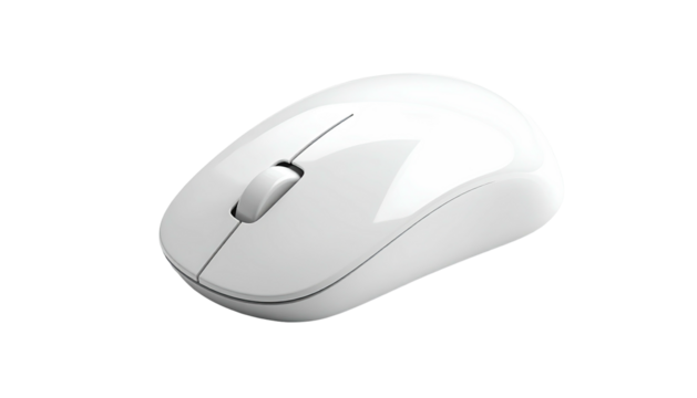 A glossy, white, wireless mouse with scroll wheel on a black background
