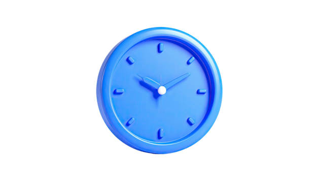 A blue 3D rendered clock isolated against a black background, showing hands at ten past two - Powered by Adobe