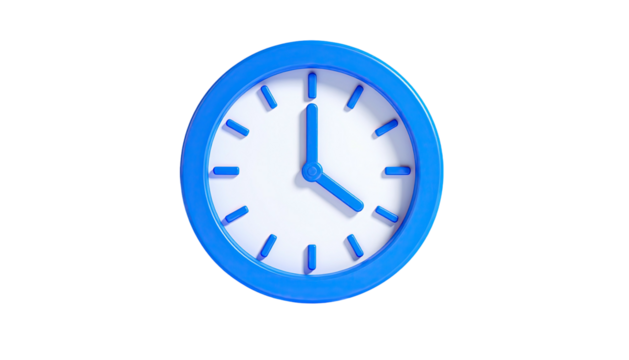 Blue-rimmed clock with white face and blue hands against a black background