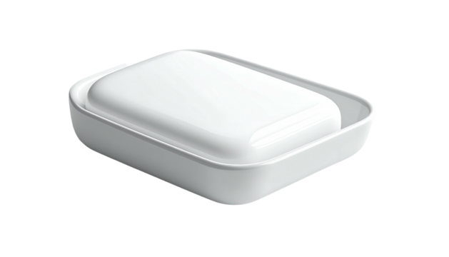 A white bar of soap rests in a matching rectangular soap dish, against a black background