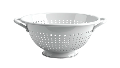 A white, round colander with two handles, against a black background