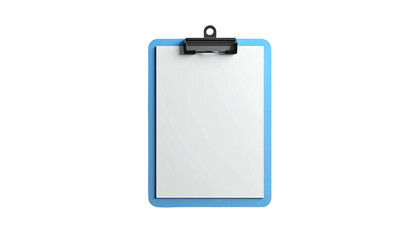 Light-blue clipboard with blank white paper and black clip, set against black