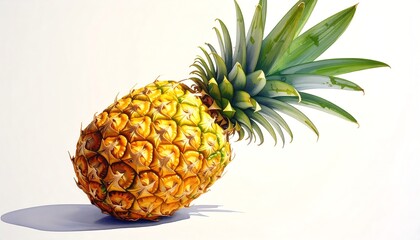 Fresh pineapple, bright yellow skin, lush green leaves