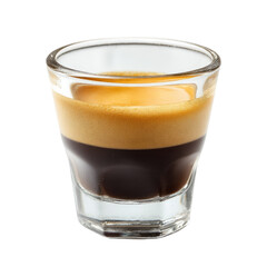 A classic espresso shot in a clear glass, featuring rich dark coffee with a thick, golden-brown crema. A perfect caffeine hit. background removed