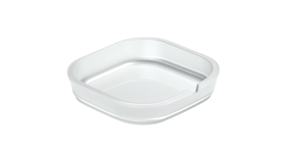 A smooth, white, square-shaped container with rounded corners and a shallow interior