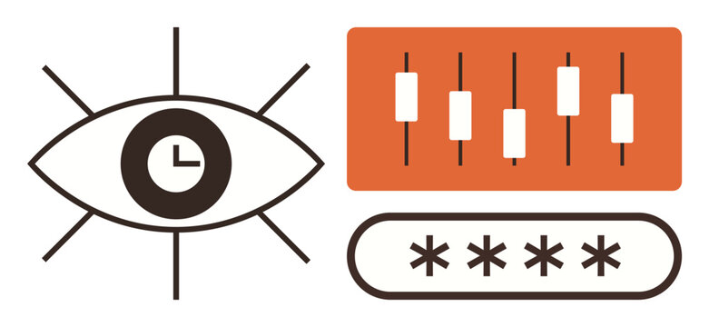 Eye with clock symbolizing time tracking, adjustment sliders for control settings, and password field for security. Ideal for privacy, monitoring, analytics, cybersecurity, data protection