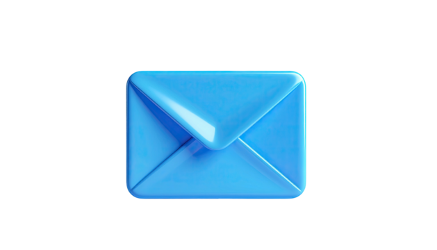 Glossy, light blue, 3D rendered envelope floating against a stark black backdrop