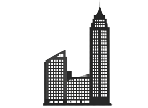 Black silhouette of a tall building or skyscraper, transparent background 