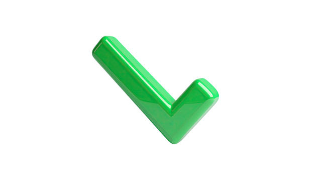 Shiny, three-dimensional green checkmark isolated on a black background