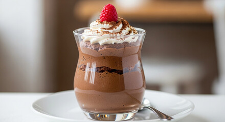 Elegant chocolate mousse dessert served in a stemmed glass, garnished with whipped cream, cocoa powder, and a ripe raspberry on a white plate with a spoon