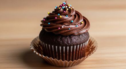Closeup of a decadent chocolate cupcake with chocolate frosting and colorful sprinkles, a perfect indulgence for any sweet tooth, on a light brown wooden surface