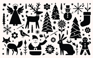 Black silhouettes of Christmas icons on a light background, including Santa, a reindeer, snowman, trees, angel, fox, rabbit, and snowflakes. Festive mood.