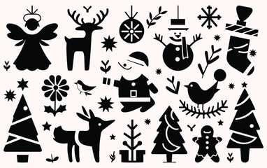 Silhouette of festive Christmas icons an angel, reindeer, Santa, snowflakes, snowman, trees, birds, stocking, gingerbread man, and ornaments. Holiday theme.