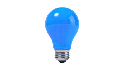 Glowing blue electric lightbulb, silhouetted against a stark black background