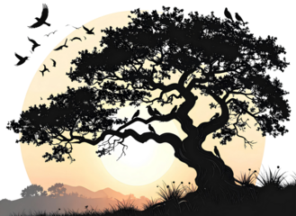 Black silhouette of a tree with birds, nature theme, transparent background