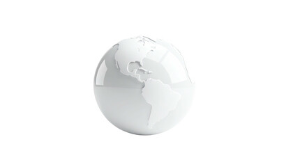 A glossy, white globe against a black background, showing landmasses