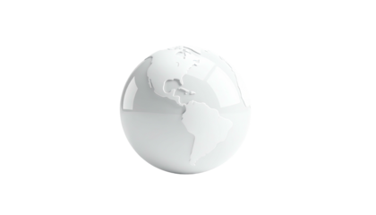 A glossy, white globe against a black background, showing landmasses