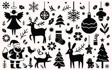 Silhouette Christmas design angel, reindeer, Santa, trees, snowflakes, ornaments, and festive elements. Cheerful holiday theme with winter icons.