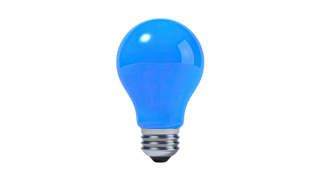 Glowing blue electric lightbulb, silhouetted against a stark black background
