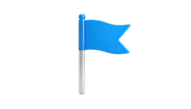 3D-rendered blue flag icon with a silver pole and a black background