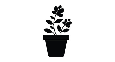Silhouette of a flowering potted plant with green leaves and blooming flowers silhouette