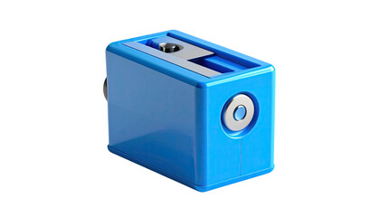 Obraz premium Bright blue rectangular device with silver blade slot for sharpening writing utensils