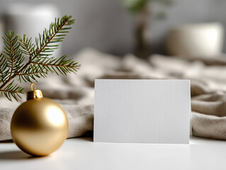 minimalist Christmas greeting card mock up on white table, small pine branch and golden ornament beside