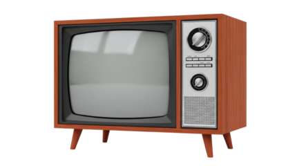 Isolated vintage television set in wood cabinet, retro TV with control panel and screen