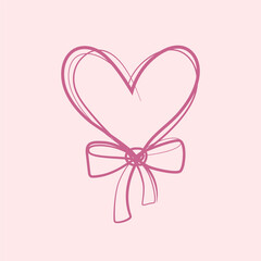 Pink, hand-drawn, cute heart with tied bow. Design element for weddings, Valentine's Day, birthdays. Modern, minimalist, continuous line style. Frame, greeting cards, save the date, text space.