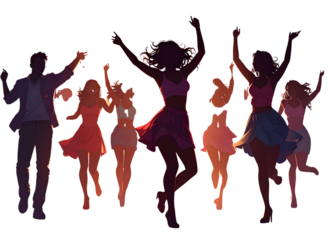 Group dancing silhouette, party vibe, transparent background