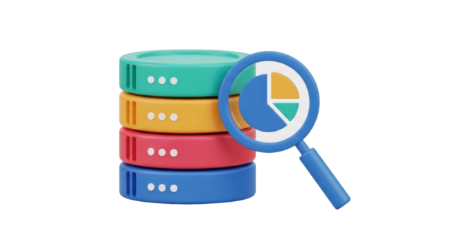 Isolated database data stack with magnifying glass displaying a pie chart representation - Powered by Adobe