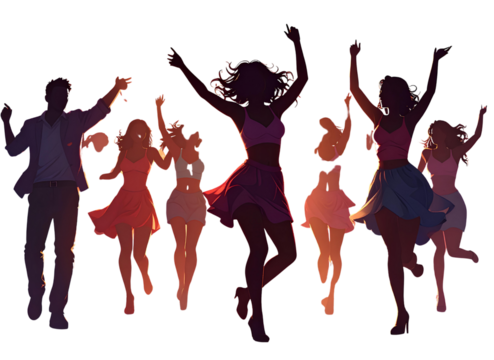 Group dancing silhouette, party vibe, transparent background