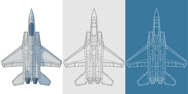 Set f 15 military aircraft design in blueprint, lineart and colored style from top view. Vector illustrations colorful fighter jet. United states fourth generation warplane.