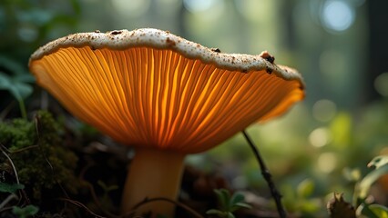 Fototapeta premium Closeup view of orange mushroom gills in forest