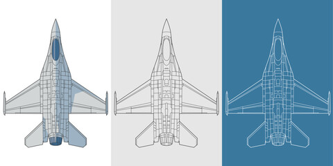 Set f 16 military aircraft design in blueprint, lineart and colored style from top view. Vector illustrations colorful fighter jet. United states fourth generation warplane.
