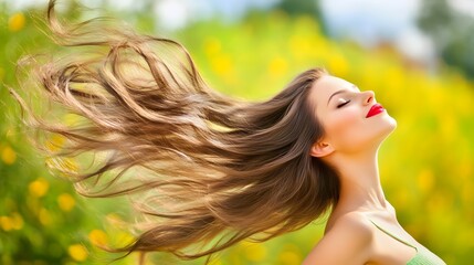 Fototapeta premium Beautiful Woman with Long Brown Hair Flowing in the Wind Outdoors