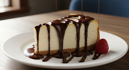 A slice of creamy cheesecake with chocolate sauce and a fresh raspberry on a white plate, showcasing a delicious dessert in a cozy setting