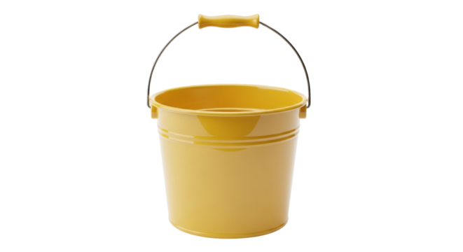 Isolated yellow bucket container, pail with handle. Useful for cleaning, gardening or storage